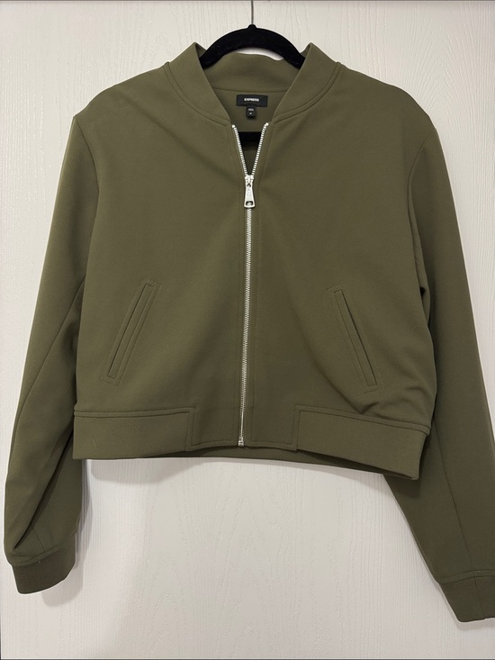 Express Jackets & Blazers - Express Olive Bomber Jacket with Silver Zip - Women's